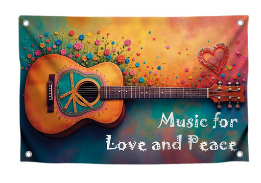 3x5 Ft Guitar Single Sided Flag "Music for Love and Peace" with 4 Brass Grommets - Musical Polyester Banner with Flower and Heart for Wall Decoration - Party Flags Man Cave Wall Flag for College Dorm