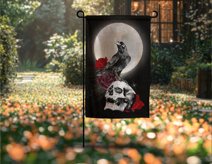 12x18 Inches Skull Triple Moon Flag - Double Sided Rose Galaxy Halloween Crow Wicca Garden - Welcome Party Outdoor Outside Decorations - Picks Home House Garden Yard Gothic Decor