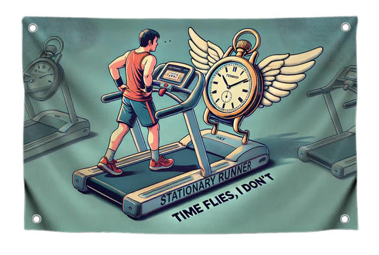 3x5 Feet Single Sided Flag with Quote with 4 Brass Grommets - Sports Banner Time Flies I Don’t for Gym Decoration - Motivational Polyester Flag with Man on A Treadmill for Indoor or Outdoor
