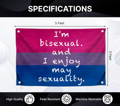 3x5 Feet LGBT Quoted Flag "I'm Bisexual and I Enjoy My Sexuality" with Four Brass Grommets - Tapestry Wall Flags for Decor College Room Guys - Polyester LGBT Banner for Decoration Student Bedroom