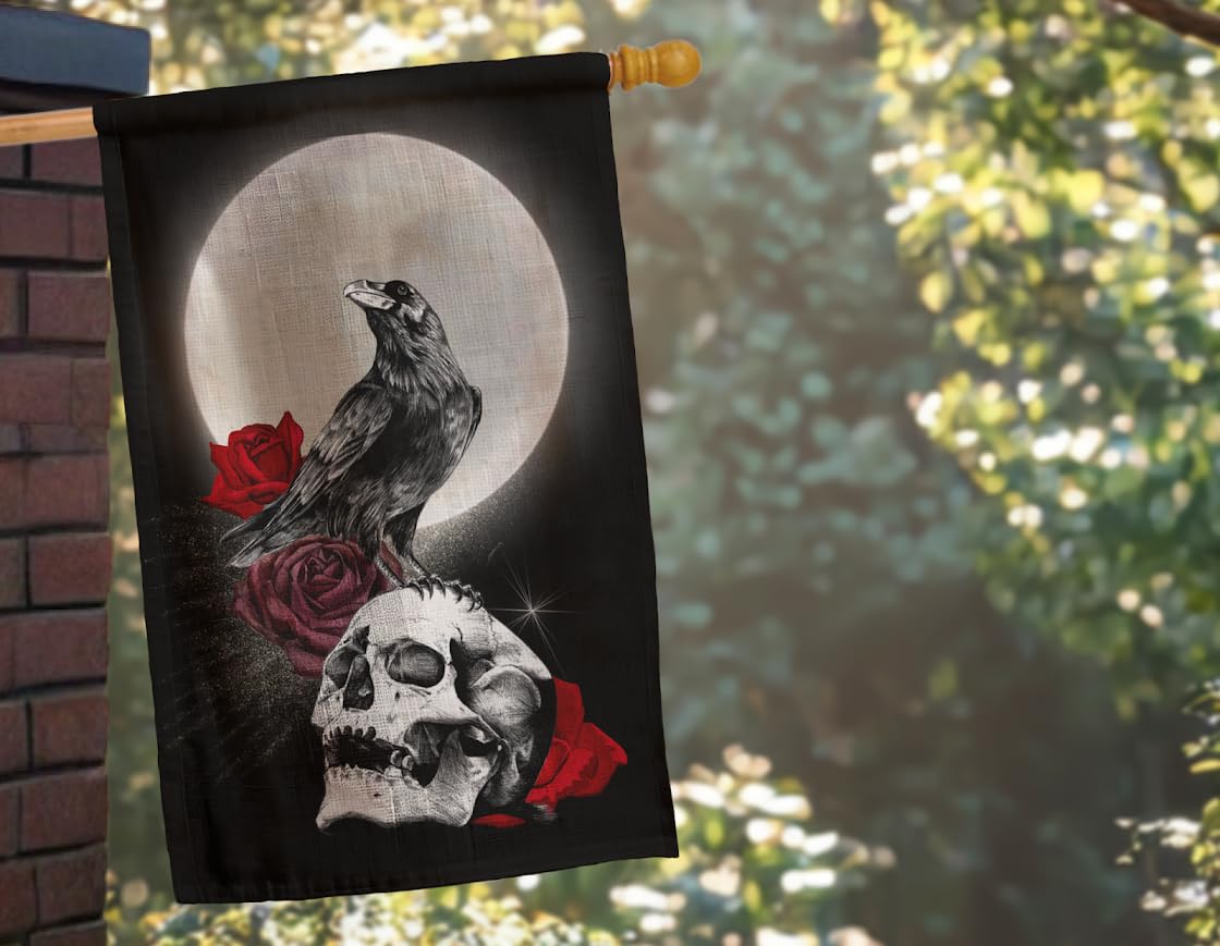 12x18 Inches Skull Triple Moon Flag - Double Sided Rose Galaxy Halloween Crow Wicca Garden - Welcome Party Outdoor Outside Decorations - Picks Home House Garden Yard Gothic Decor