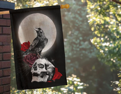 12x18 Inches Skull Triple Moon Flag - Double Sided Rose Galaxy Halloween Crow Wicca Garden - Welcome Party Outdoor Outside Decorations - Picks Home House Garden Yard Gothic Decor