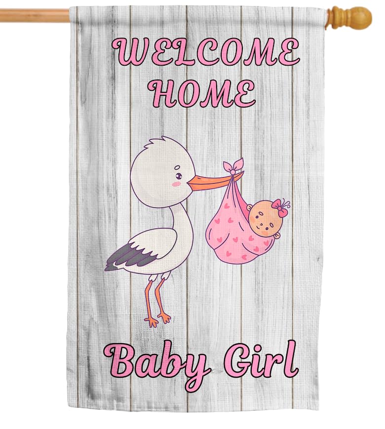 12x18 Inches Double Sided Welcome Home Baby Girl Garden Polyester Flags - Baby Shower Birth Announcement Family Party - Newborn Gender Reveal Pink Stork - Outdoor Decor Banner - Gender Reveal Party