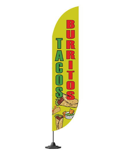 12x2.5 Feet Tall Feather Flags "Tacos and Burritos" - Outdoor Business Advertising Tall Flag - Single Sided Feathers Banners Food Themed - Feather Flags in Polyester - Flagpole is Not Included