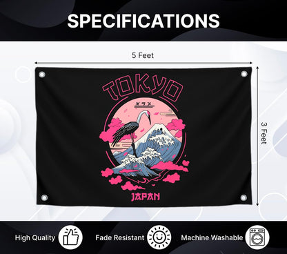3x5 Ft Black and Pink Tokyo Polyester Flag with 4 Brass Grommets - Japan Design for Wall Decoration - Japan Country Flags - Banner with Image Crane Against the of Mountains - Cool Flags for Decor Home
