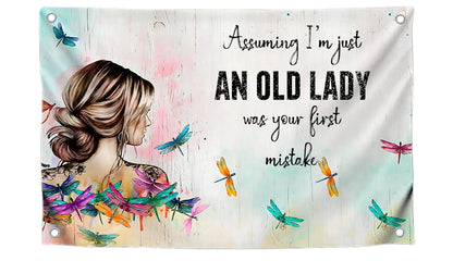 3x5 Ft Birthday Single Sided Polyester Flag "Assuming I'm Just An Old Lady Was Your First Mistake" with 4 Grommets - Funny Birthday Decor for Wall Living Room - Women Hippie Boho Banner for Badroom