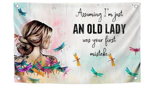 3x5 Ft Birthday Single Sided Polyester Flag "Assuming I'm Just An Old Lady Was Your First Mistake" with 4 Grommets - Funny Birthday Decor for Wall Living Room - Women Hippie Boho Banner for Badroom