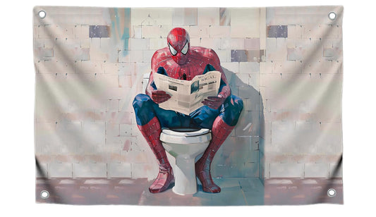 3x5 Ft Spiderman Bathroom Polyester Flag with 4 Grommets - Aesthetic Modern Vintage Painting Super Hero Art Single Sided Banner for Home and Bathroom Decor - Tapestry Cool Wall Flags for Decor College