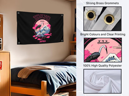 3x5 Ft Black and Pink Tokyo Polyester Flag with 4 Brass Grommets - Japan Design for Wall Decoration - Japan Country Flags - Banner with Image Crane Against the of Mountains - Cool Flags for Decor Home
