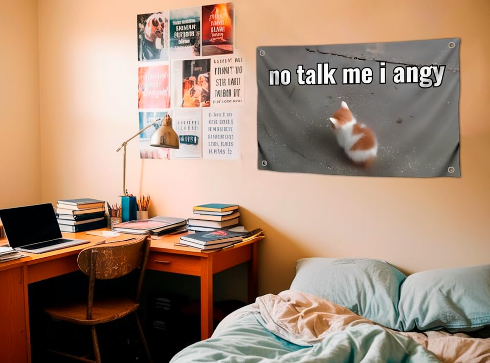 3x5 Feet Cat Meme Single Sided Flag with Quote "No Talk Me I Angry" with Four Brass Grommets - Funny Animals Banner for Wall Decoration - Polyester Funny Cats Flags Outdoor or Indoor Yard Décor