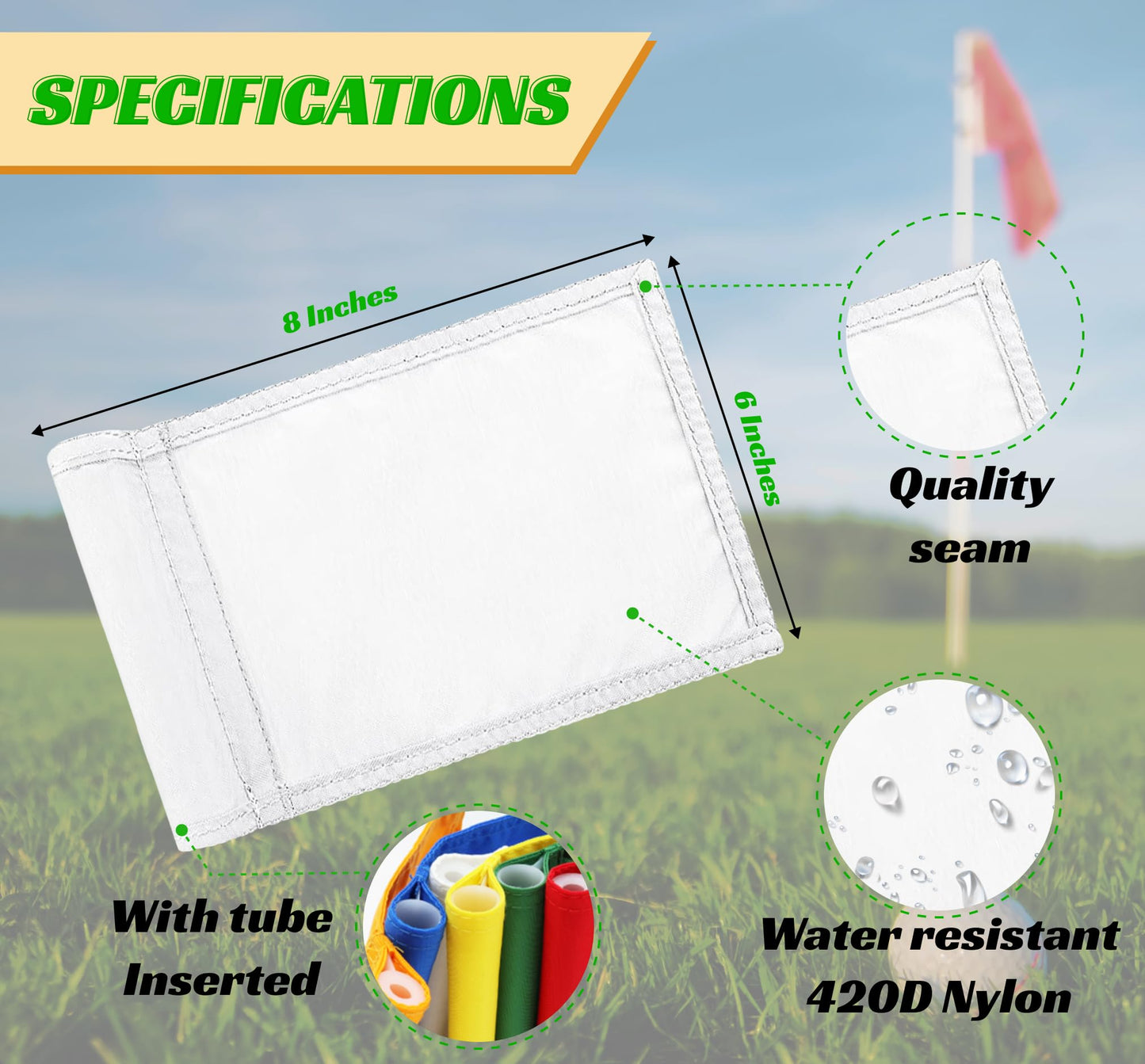 Set 3X Single Sided 8x6 Inch Solid White Golf Polyester Flag - Mini Putting Green Flags for Backyard Practice in 420D Nylon - Small Banner Solid