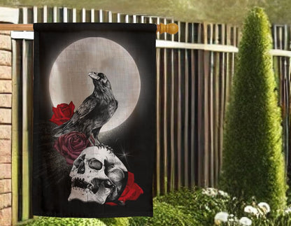 12x18 Inches Skull Triple Moon Flag - Double Sided Rose Galaxy Halloween Crow Wicca Garden - Welcome Party Outdoor Outside Decorations - Picks Home House Garden Yard Gothic Decor
