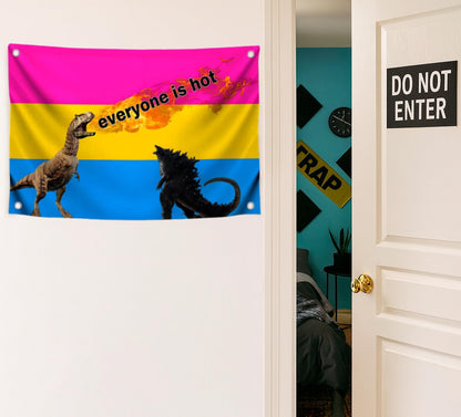 3x5 Feet Tapestry Flag Everyone Is Hot with Four Brass Grommets - Fire Flag with Dinosaurs and Godzilla - Polyester LGBT Banner for Decor Student Bedroom - Banners Can Be Used Indoor or Outdoor