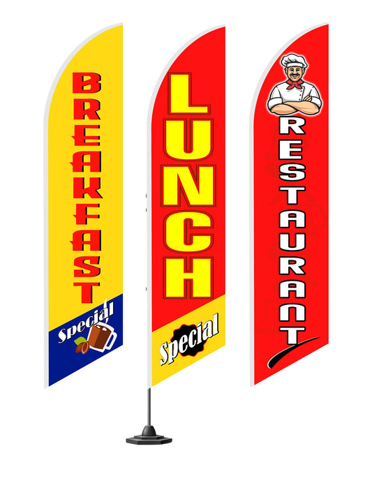 Set of 3 Single Sided 12x2.5 Feet Tall Feather Tapestry "Breakfast and Lunch" - Breakfast Flags for Businesses or Lunch Special Flags and Restaurant Themed Flag - Flagpole is Not Included