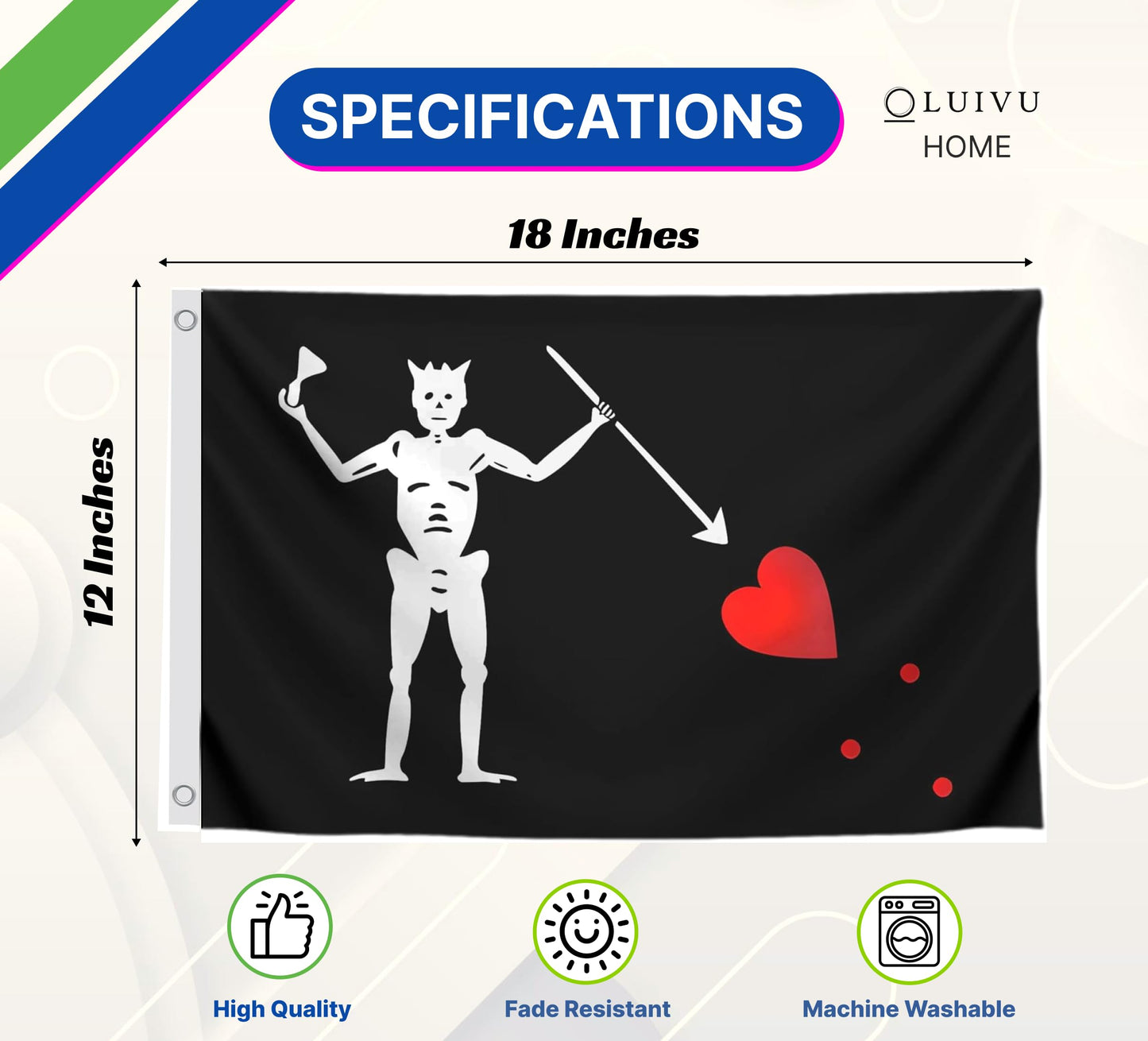 12x18 Inches Garden Flag Edward Teach "Blackbeard" with Two Brass Grommets - Single Sided Pirate Boat Flags - Polyester Black Cool Wall Flags for Decor College Dorm - Yard Flag Outdoor Pirate Arrow