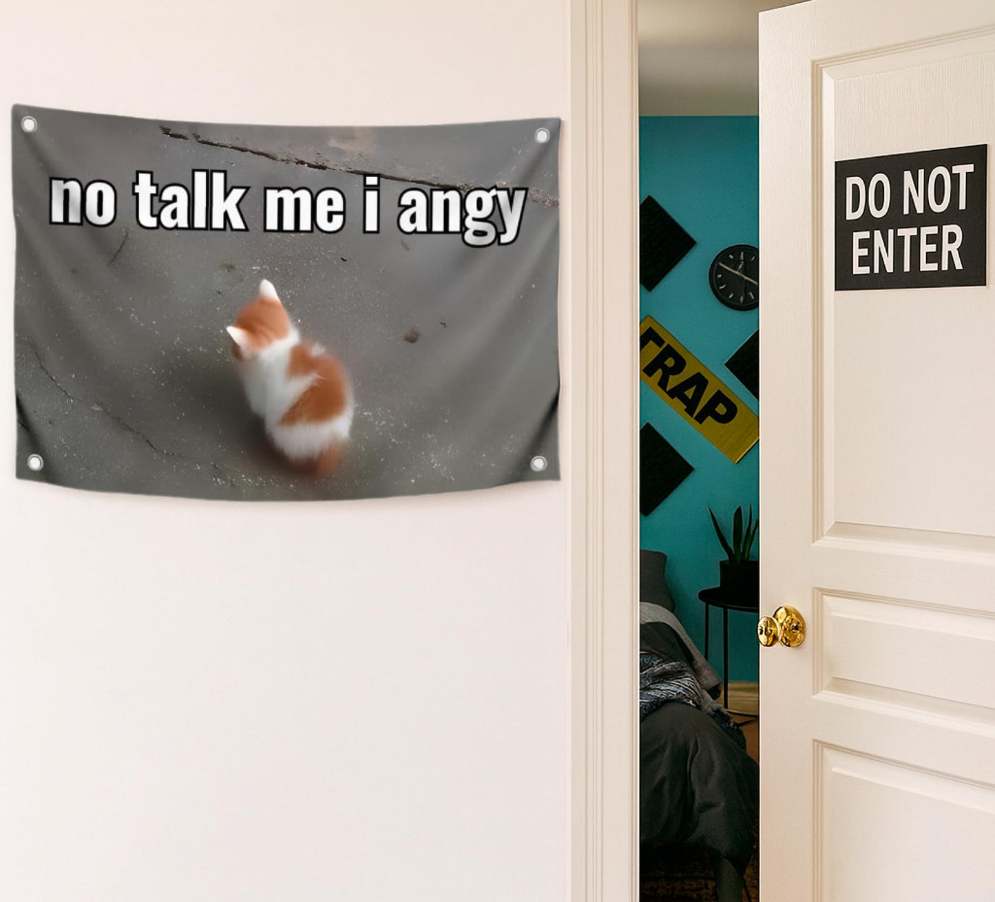 3x5 Feet Cat Meme Single Sided Flag with Quote "No Talk Me I Angry" with Four Brass Grommets - Funny Animals Banner for Wall Decoration - Polyester Funny Cats Flags Outdoor or Indoor Yard Décor