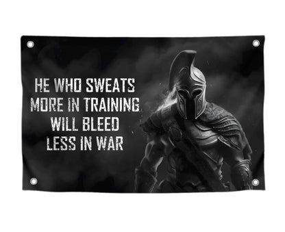 3x5 Ft Motivational Polyester Flag He Who Sweats More In Training Will Bleed Less In War with 4 Grommets - Improvement Wall Decor for Home or Gym - Wall Single Sided Flag with Spartan Image and Quote