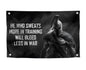 3x5 Ft Motivational Polyester Flag He Who Sweats More In Training Will Bleed Less In War with 4 Grommets - Improvement Wall Decor for Home or Gym - Wall Single Sided Flag with Spartan Image and Quote