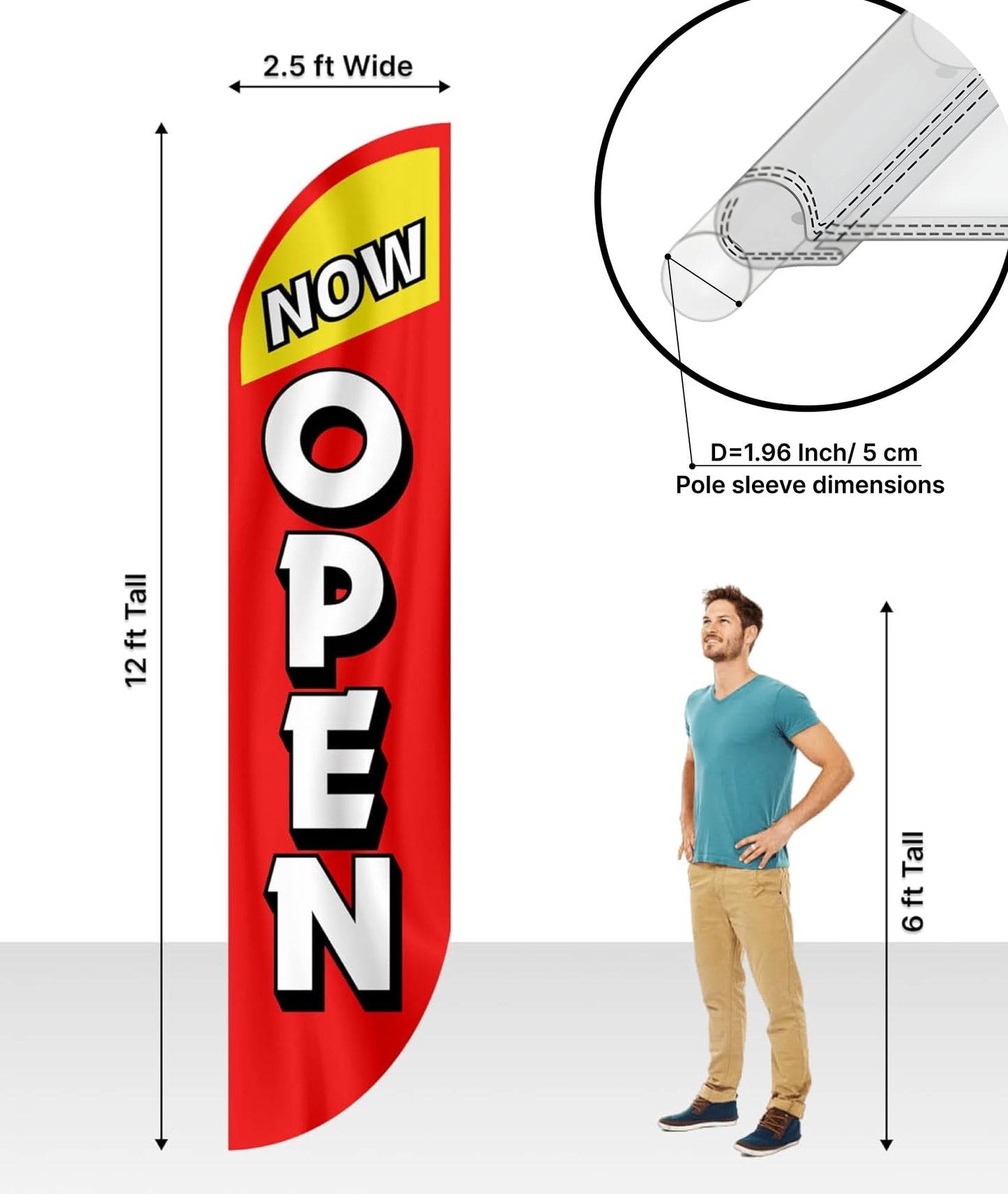 12x2.5 Feet Tall Feather Flags "Now Open" - Single Sided Feathers Banners Open Themed - Advertising Flags with Polyester - Organization Tall Welcome Flag - Flagpole is Not Included