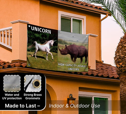 3x5 Feet Animals Flag with Quote "High-Capacity Assault Unicorn" with Four Brass Grommets - Cool Meme Decor Flags for Wall Bedroom - Single Sided Polyester Party Banners for Room Dorm College