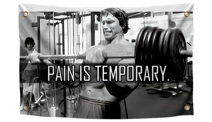 3x5 Ft Schwarzenegger Polyester Flag with 4 Grommets - Pain is Temporary Motivational Gym Single Sided Flags - Inspire Your Workout Banner - Fitness Wall Decor for Gym - Stay Motivated Cool Art
