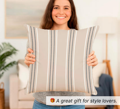 Set of 2 Decorative Throw Pillow Covers 18x18 Inches - Decorative Farmhouse in Linen Pillow Case - Boho Textured Pillow Case - Beige with White and Gray Stitch Yarn Dyed Stripe Cushion Cover for Couch