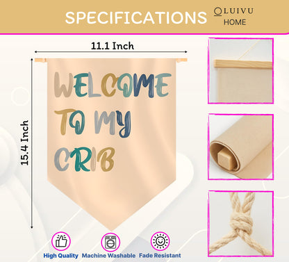 15.4"L x 11.1"W Hanging Pennant with Welcome to My Crib - Hanging Flag Wall Decor or Gift for Nursery Baby Kids Boy - Pennant Flag Wall Art Banner for Indoor - Classroom Bulletin Boare Hanging Flag