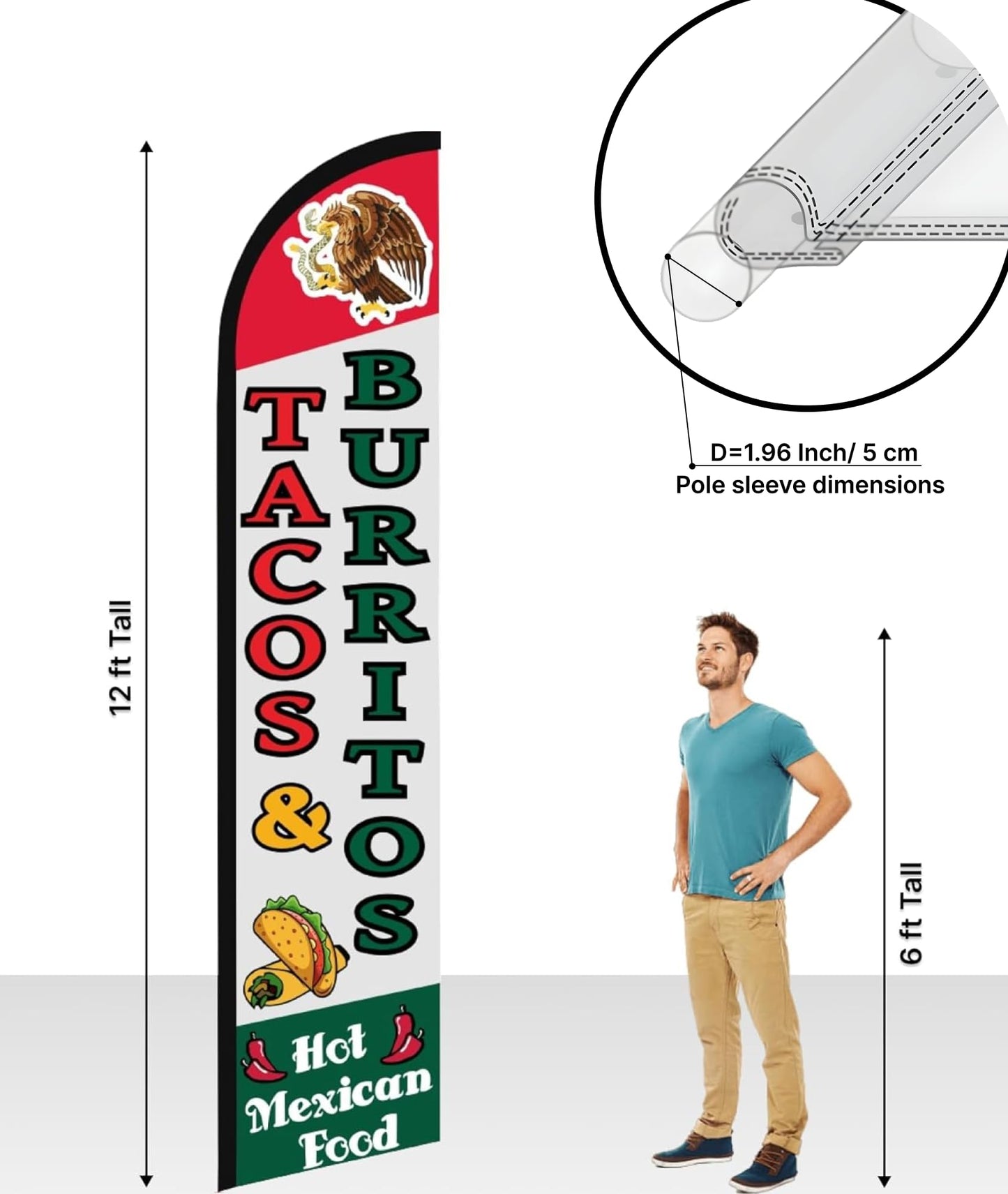 12x2.5 Feet Tall Feather Flags "Tacos & Burritos" - Advertising Replacement Feather Banner - Single Sided Feathers Banners Food Themed - Feathers Flags in Polyester - Flagpole is Not Included