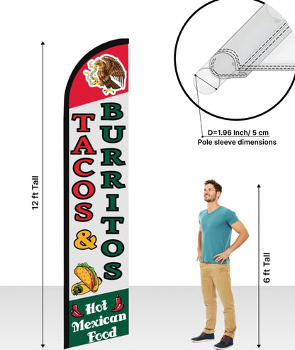 12x2.5 Feet Tall Feather Flags "Tacos & Burritos" - Advertising Replacement Feather Banner - Single Sided Feathers Banners Food Themed - Feathers Flags in Polyester - Flagpole is Not Included