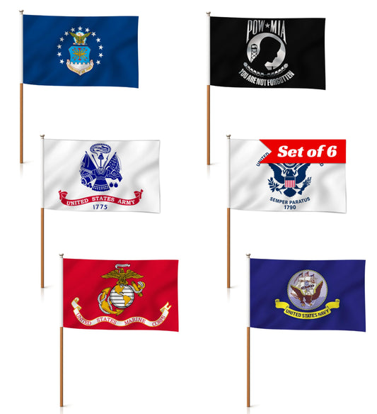 Set of 6 Military 5 Branches Army Navy Marines Air Force Coast Guard and Pow Mia Stick Flag 12x18 inch - Army Polyester Flags Set Space Force - Licensed Armed Forces Flag for Memorial Day