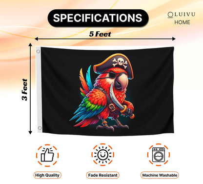 3x5 Ft Pirate Parrot Polyester Flag with 2 Grommets - Garden Yard Porch Patio Banner for Decor - Pirate Parrot Single Sided Flag or Black Boat Flags or Banners Man Cave Parrot - Outside Pirate Banner