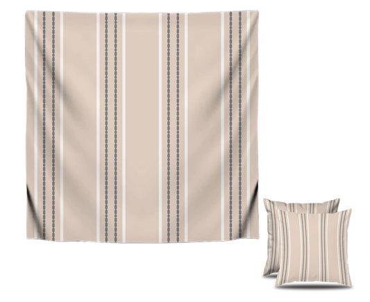 Set of 2 Decorative Throw Pillow Covers 18x18 Inches - Decorative Farmhouse in Linen Pillow Case - Boho Textured Pillow Case - Beige with White and Gray Stitch Yarn Dyed Stripe Cushion Cover for Couch
