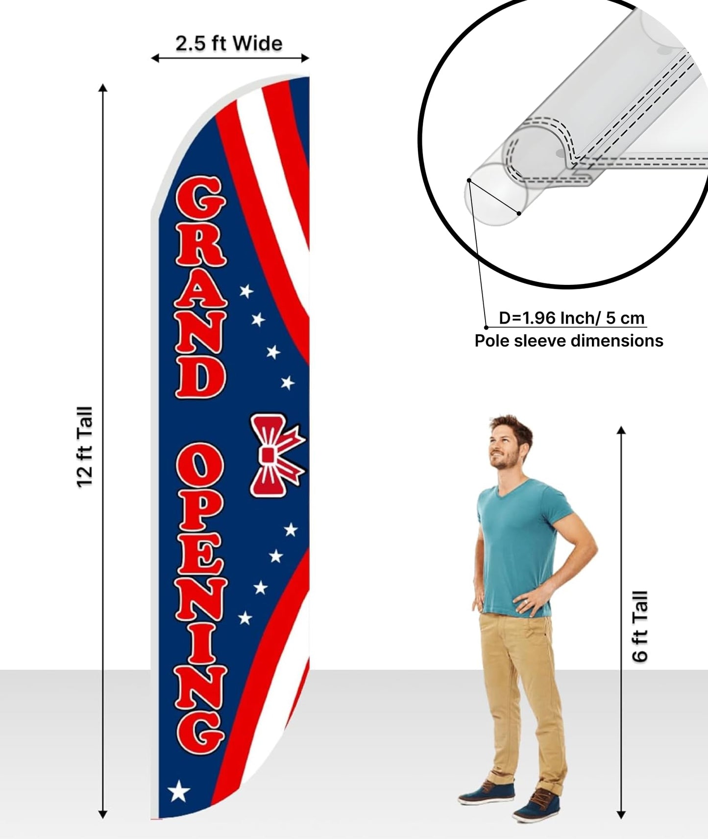 12x2.5 Feet Tall Feather Polyester Flags "Grand Opening" - Outdoor Business Advertising Tall Flag - Single Sided Feathers Banners Opening Themed - Organization Swooper Flag - Flagpole is Not Included