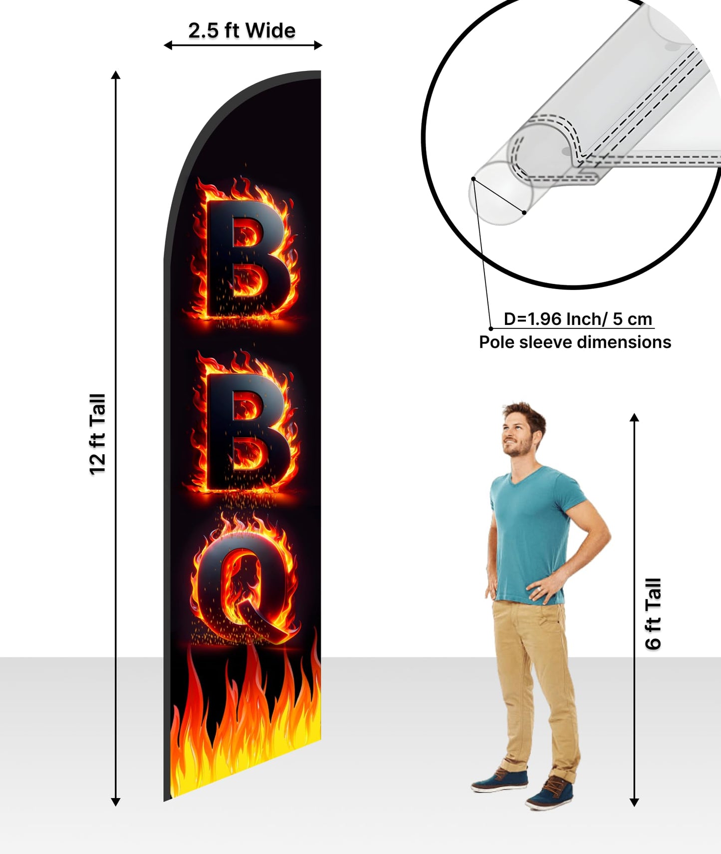 12x2.5 Feet Tall Feather Single Sided Flags "BBQ" - Barbeque Swooper Advertising Flag for Outside - Special and BBQ Themed Flag - Barbeque Polyester Banner for Storefronts - Flagpole is Not Included