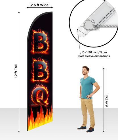 12x2.5 Feet Tall Feather Single Sided Flags "BBQ" - Barbeque Swooper Advertising Flag for Outside - Special and BBQ Themed Flag - Barbeque Polyester Banner for Storefronts - Flagpole is Not Included