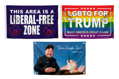 Set of 3 Funny Quote 3x5 Feet Flags with 4 Brass Grommets - Republican Political Rebel Polyester Flags - Kim Jong Cool Flag for Decor Boys Room - LGBTQ Funny Single Sided Banner for Indoor and Outdoor