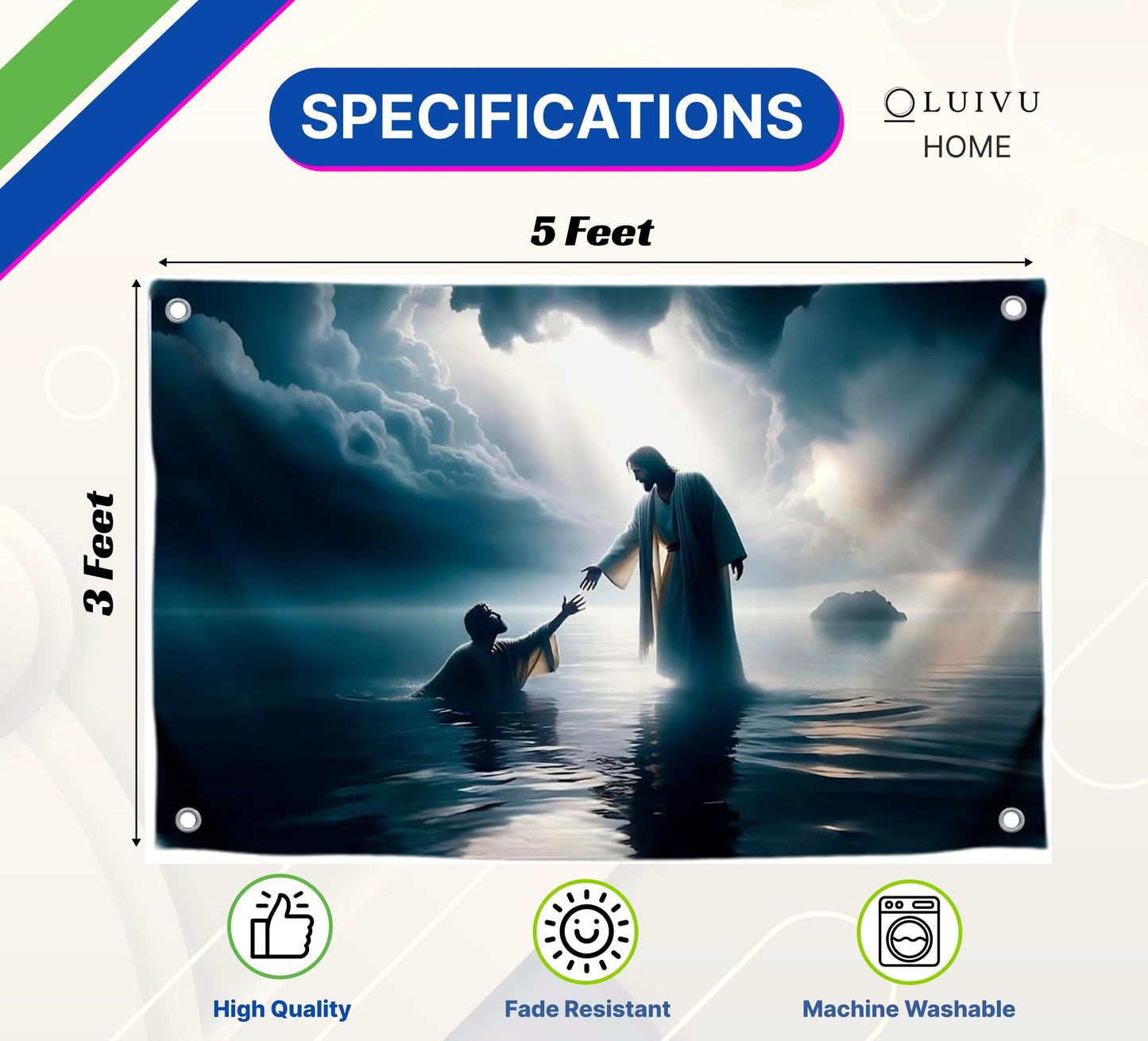 3x5 Ft Scene of Walking on Water Jesus Polyester Flag - Christian Jesus Easter Flags for 4th of July - Wall Decor God on Water Banner - Religious Christian Jesus for Bedroom - God Flag for Wall Decor