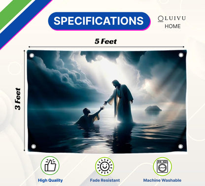 3x5 Ft Scene of Walking on Water Jesus Polyester Flag - Christian Jesus Easter Flags for 4th of July - Wall Decor God on Water Banner - Religious Christian Jesus for Bedroom - God Flag for Wall Decor