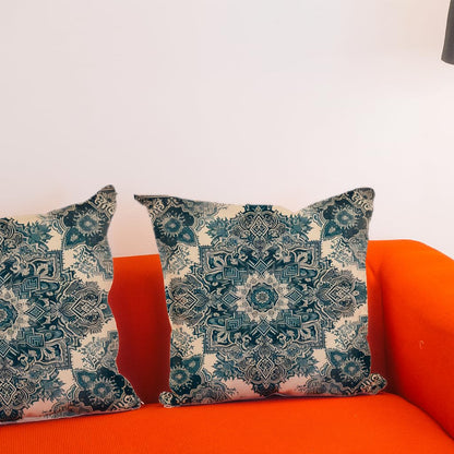 Set of 2 Decorative Throw Pillow Covers 20x20 Inches - Ethnic Design Decorative Throw Pillows in Linen - Blue Carpet Farmhouse Cushion Pillow Covers for Sofa or Couch - Decor Cushion Covers for Home