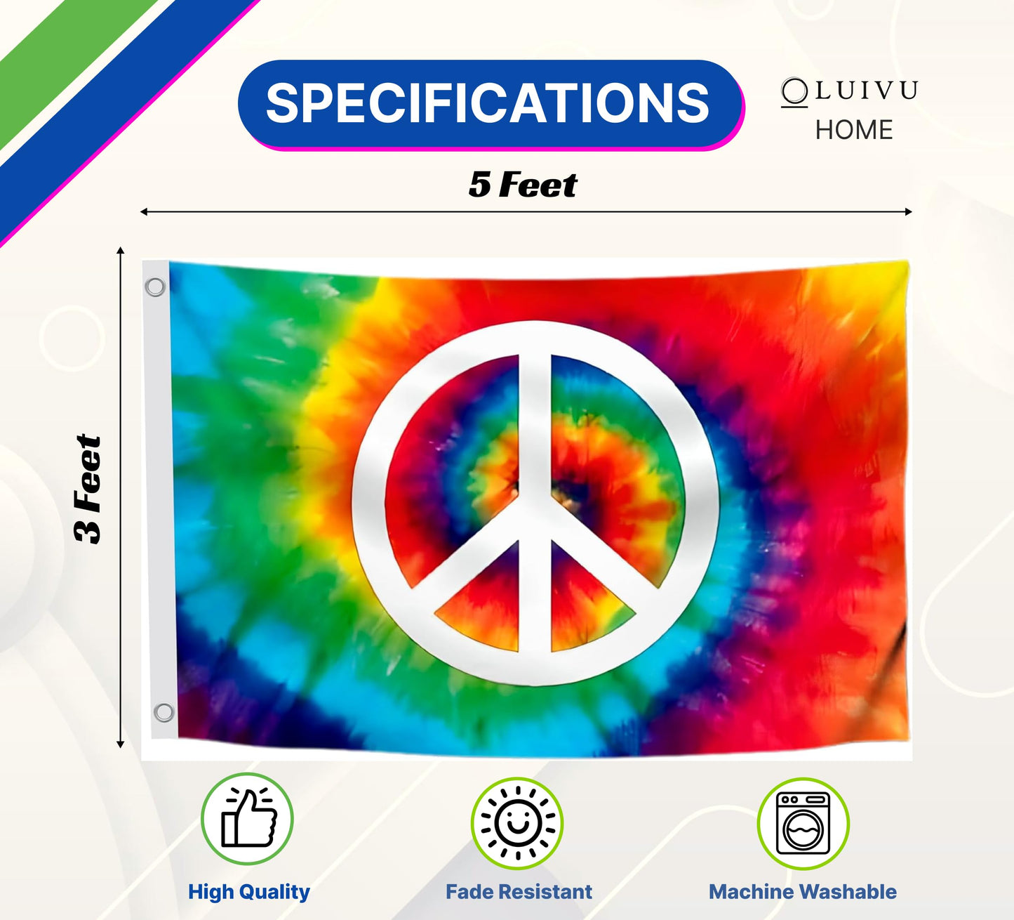 3x5 Feet Peace TieDye Polyester Flag with 2 Brass Grommets - Garden Decor Porch Lightweight Flag Rainbow Hippie Flags For Outdoors Decorative - World Peace Symbol Banner - Single Sided Home Wall Flags
