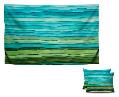 Set of 2 Decorative Throw Pillow Covers 12x20 Inches - Teal Blue Green Pillow Covers in Linen - Watercolor Aqua Waves Brush Lumbar Pillow Cases - Abstract Striped Sea Splash Throw Pillows