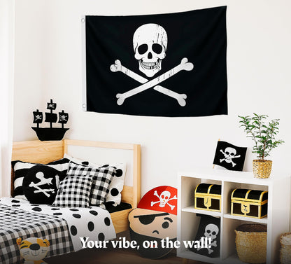 12x18 Inch Black Pirate Skull and Home Polyester Flag - Garden Yard Porch Patio Banner Single Sided Flags with 2 Grommets for Decor - Pirate USA Flag or US Black Boat Flags or Banners Man Cave Bones