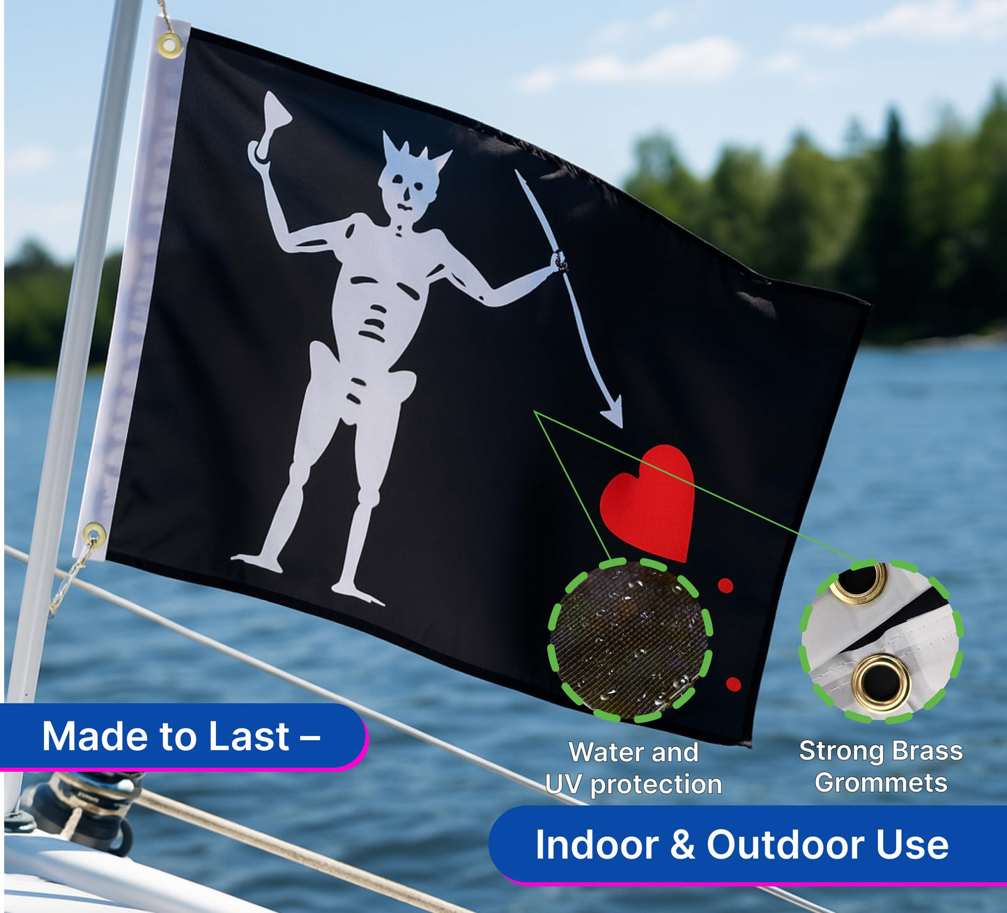 12x18 Inches Garden Flag Edward Teach "Blackbeard" with Two Brass Grommets - Single Sided Pirate Boat Flags - Polyester Black Cool Wall Flags for Decor College Dorm - Yard Flag Outdoor Pirate Arrow