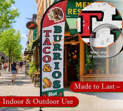 12x2.5 Feet Tall Feather Flags "Tacos & Burritos" - Advertising Replacement Feather Banner - Single Sided Feathers Banners Food Themed - Feathers Flags in Polyester - Flagpole is Not Included