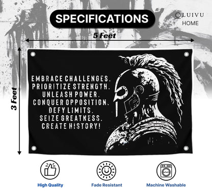 3x5 Ft Embrace Challenges Single Sided Banner with 4 Grommets - Large Motiv Quote Wall Polyester Flag for Home Gym Decor - Wall Flag with Gladiator Image and Quote - Banner Room Decor Aesthetic