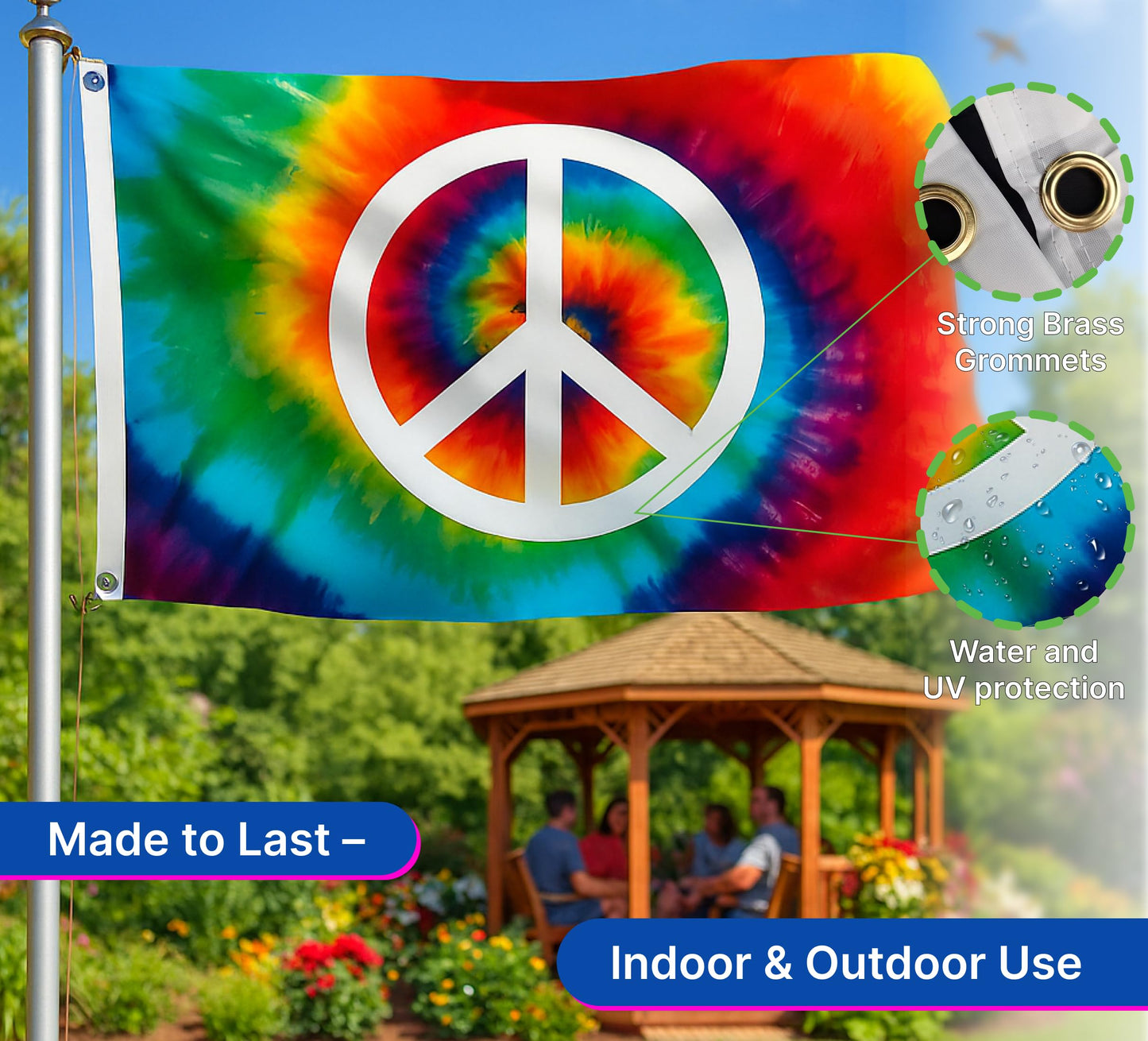 3x5 Feet Peace TieDye Polyester Flag with 2 Brass Grommets - Garden Decor Porch Lightweight Flag Rainbow Hippie Flags For Outdoors Decorative - World Peace Symbol Banner - Single Sided Home Wall Flags