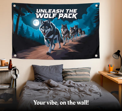 3x5 Feet Meme Wolf Pack Flag with Motivation Quote "Unleash the Wolf Pack" with Four Brass Grommets - Single Sided Great Flag for College or House - Polyester Cool Tapestry Flags for Room Guys
