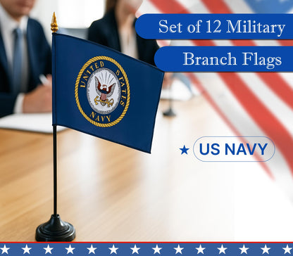 Set of 12 (Dozen) Miniature 4x6 Inch USA Themed Desk and Table Flags – Small USA Stick Flags with Plastic Staff and Gold Spear – Polyester Decorative Flags for Celebrations Events and Home Decor
