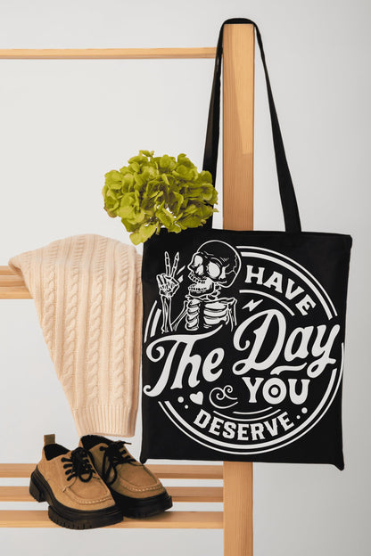 LUIVU 14x15 Inches Black Aesthetic Canvas Tote Bag with Inner Pocket for Women - Have The Day You Deserve Single Sided Skeleton Print