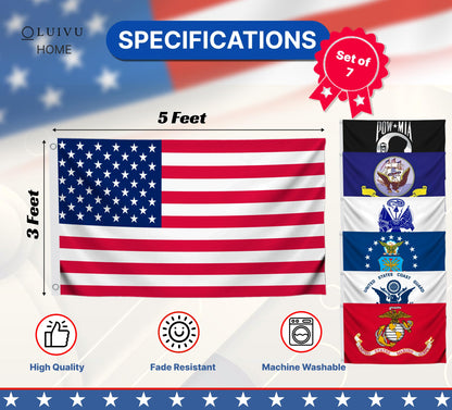 Set of 7 US Military Flags 3 x 5ft - Air Force - Navy - USA - Coast Guard - Marine Corps - Army Space Force - Heavy Duty Veteran Banner Flag with Good